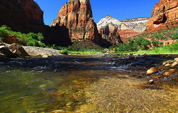 Picture the sky, mountains, river, stones, rocks