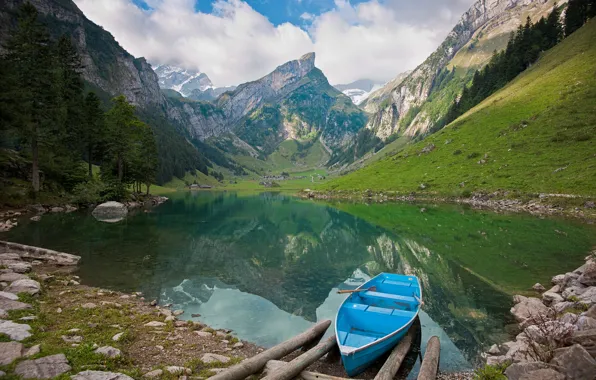 Picture mountains, nature, lake, stones, boat