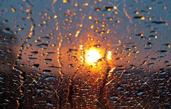 Picture glass, the sun, drops, sunset, rain