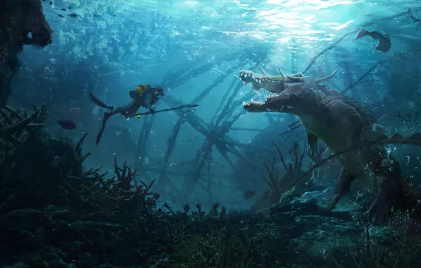 Danger, the bottom, crocodile, the diver, Underwater