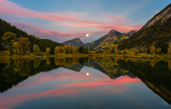 Picture autumn, forest, the sky, the sun, clouds, mountains, reflection, the evening