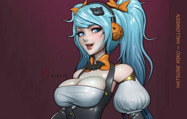 Picture neckline, Halloween, pumpkin, corset, vocaloid, hatsune miku, Vocaloid, blue hair