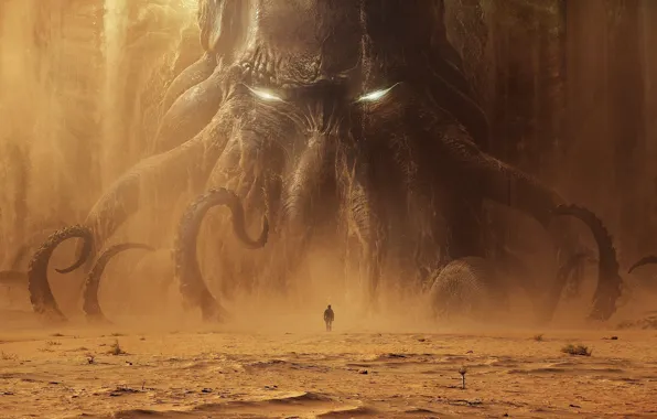 Cthulhu, Cthulhu, monster, man, sand, tentacles, dead sea, Lovecraft