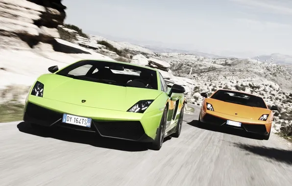 Road, the sky, mountains, orange, Lamborghini, green, supercar, Superleggera