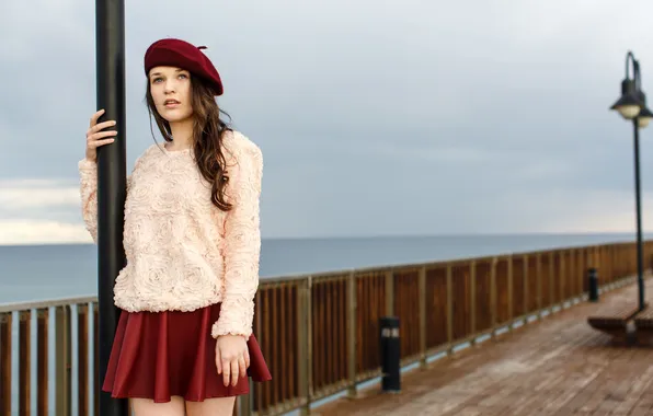 Picture girl, skirt, pier, lights, takes, sweater, Serena Wood