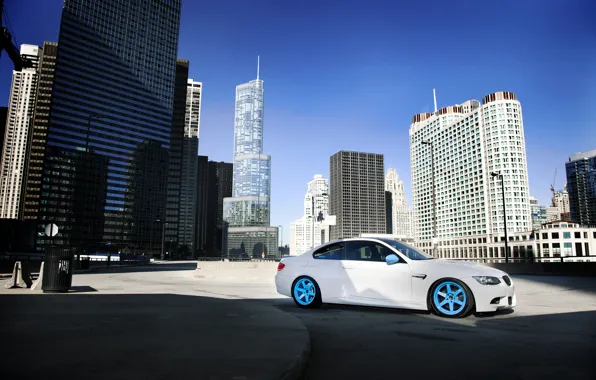 Picture white, the city, BMW, shadow, BMW, white, skyscrapers, megapolis
