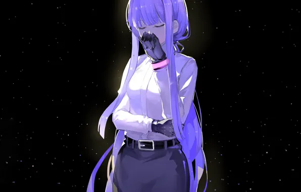 Picture girl, art, black background, purple hair