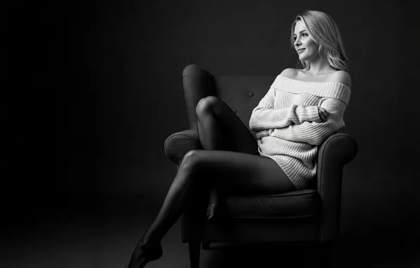 Girl, black and white, tights, legs, sweater