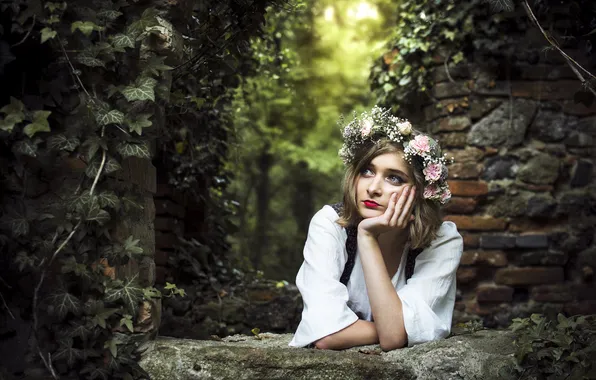 Look, leaves, girl, light, flowers, nature, pose, stones