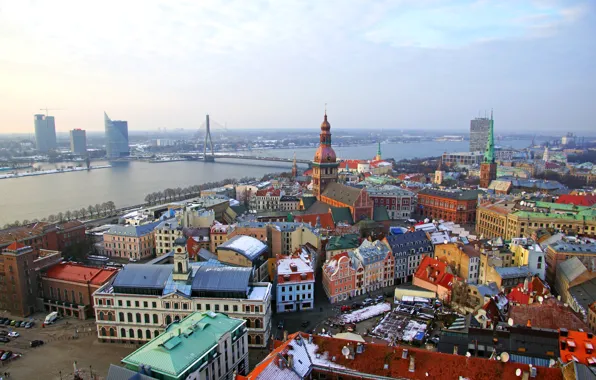Picture winter, bridge, river, home, Riga, Latvia, Riga