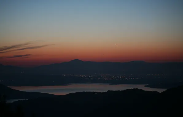 Mountains, the city, lights, lake, sunrise, The moon, Venus, Turkey