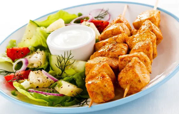 Macro, bow, plate, meat, vegetables, tomatoes, sauce, kebab