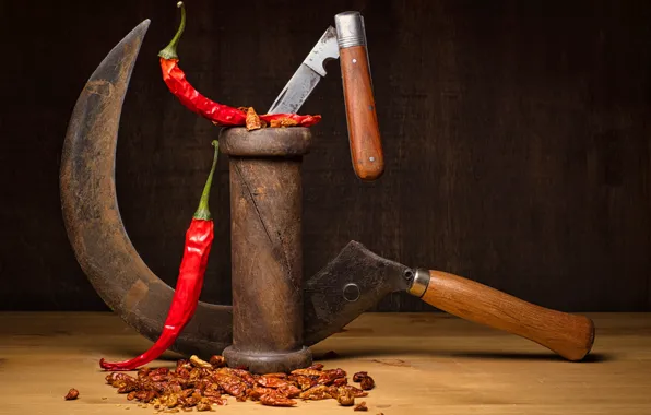 Red, Board, knife, instrumento, pepper, still life, sharp, hammer