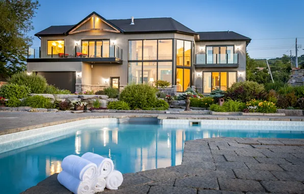 Flowers, the evening, pool, lighting, Canada, Ontario, architecture, Canada