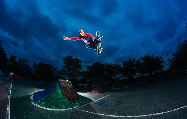 Picture stars, clouds, light, night, jump, skateboarding, skateboard, extreme sports