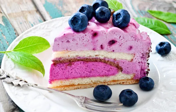 Picture leaves, blueberries, cake, plug, wood, a piece of cake, souffle, blueberry