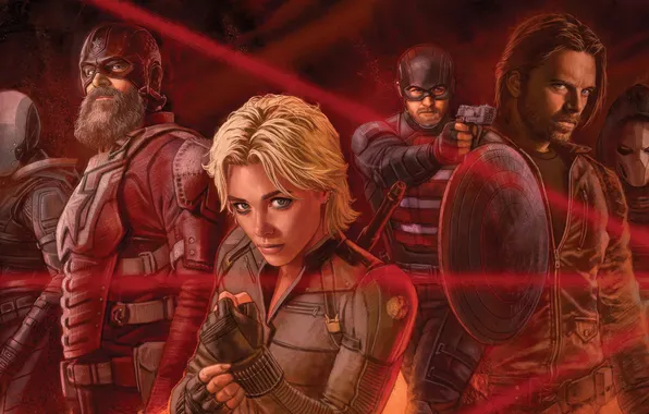 Art, poster, red background, characters, comic, costumes, MARVEL, Thunderbolts