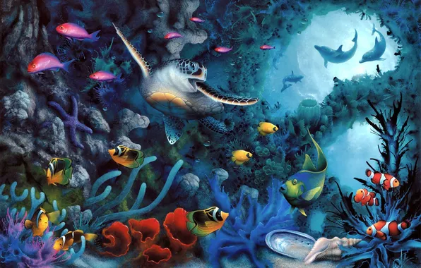 Fish, turtle, art, dolphins, the bottom of the sea, David Miller
