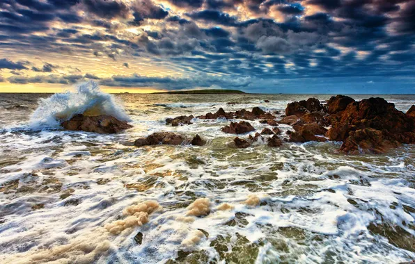 Picture sea, wave, foam, squirt, stones, dawn, island, horizon