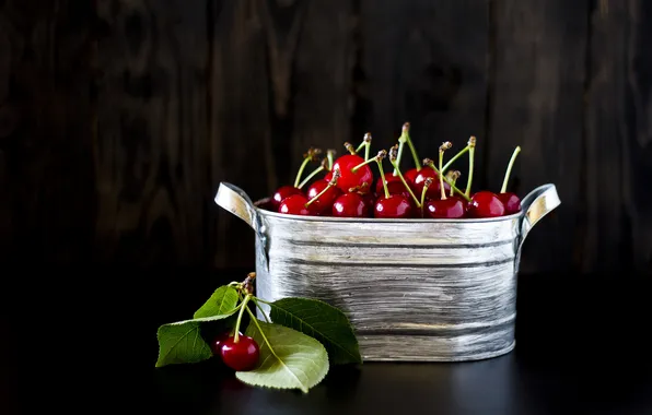 Picture leaves, cherry, berries, red, black background