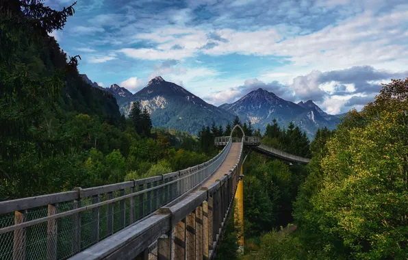 Clouds, landscape, mountains, bridge, nature, Germany, Bayern, forest