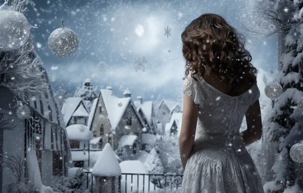 Winter, frost, girl, snow, pose, balls, village, houses