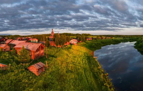 Temple, Russia, Russia, sunset, clouds, lake, village, reflection