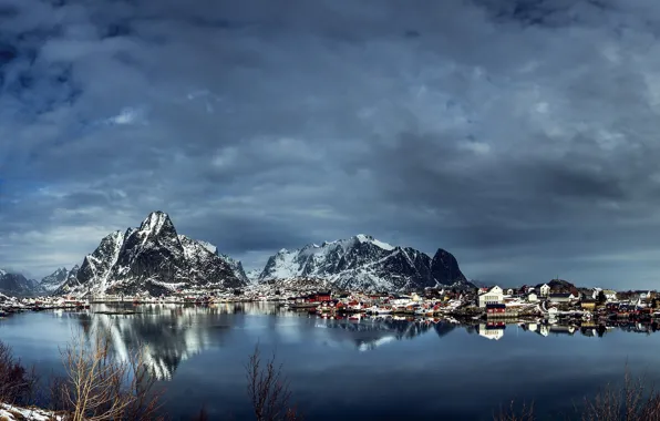 Winter, clouds, snow, mountains, Norway, Bay, houses, The Lofoten Islands