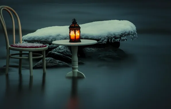 Snow, night, river, chair, lantern