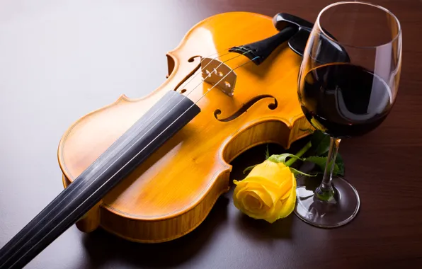 Flowers, yellow, wine, violin, glass, roses