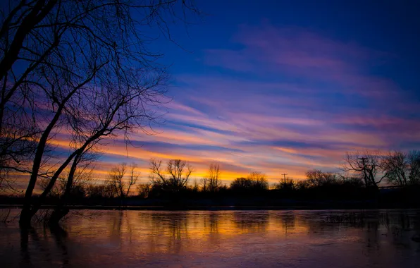 Picture clouds, trees, lake, the evening, USA, Il, sunset. the sky