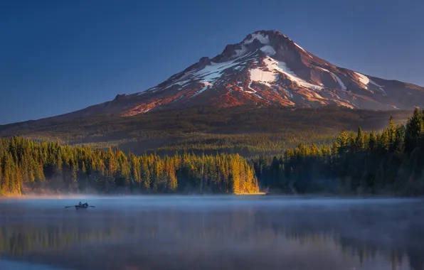 Autumn, forest, light, lake, boat, people, mountain, Oregon