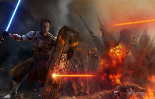 Picture Star Wars, Obi-Wan Kenobi, war, fight, jedi, shield, light saber, Peacekeeper