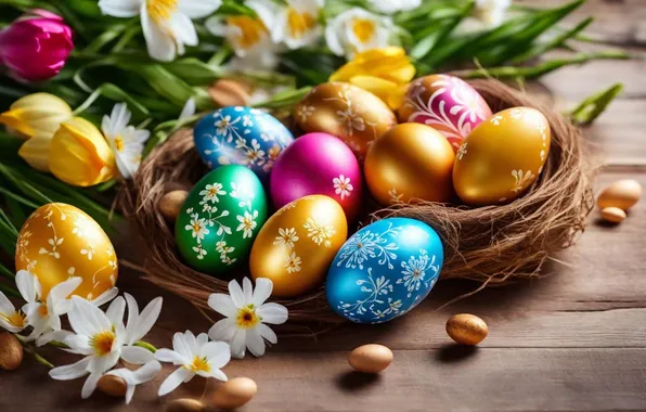 Flowers, eggs, spring, colorful, Easter, happy, flowers, spring