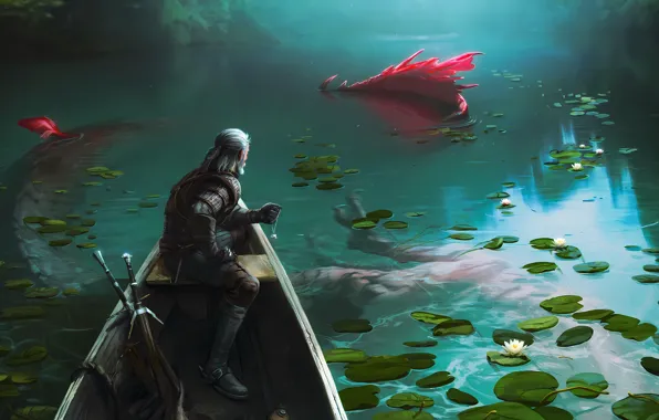 Picture lake, witcher, boat, swords, Geralt, Witcher 3 Wild Hunt