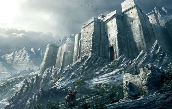 Snow, mountains, Castle, warrior