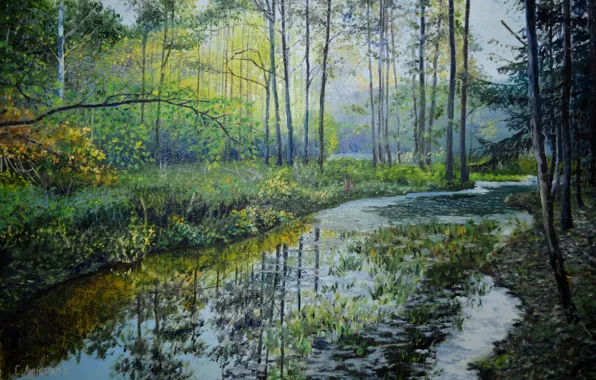 Picture forest, water, trees, landscape, reflection, river, stream, painting