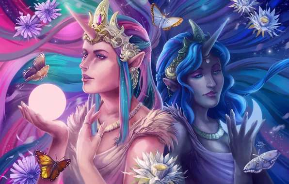 Decoration, butterfly, flowers, girls, fantasy, art, horn, Princess Luna