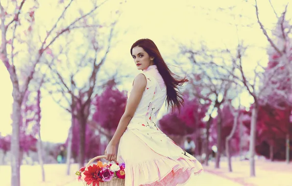 Girl, flowers, face, background, the wind, hair, dress