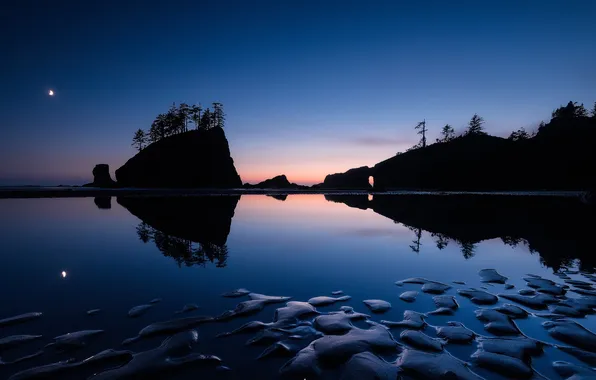 Sea, trees, landscape, night, lake, reflection, stones, rocks