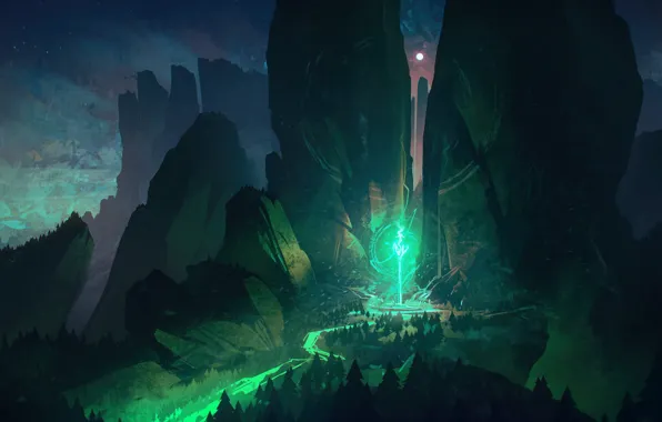 Mountains, Figure, Rocks, Light, Fantasy, Art, Fiction, Illustration