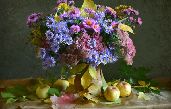 Picture autumn, flowers, apples, bouquet, asters