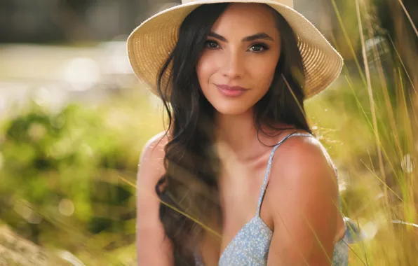 Picture grass, girl, the sun, nature, pose, portrait, hat, makeup