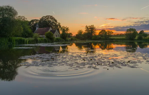 Trees, sunset, lake, pond, shore, Church, house, pond