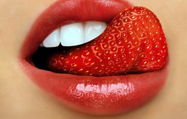 Language, strawberry, lips, white teeth