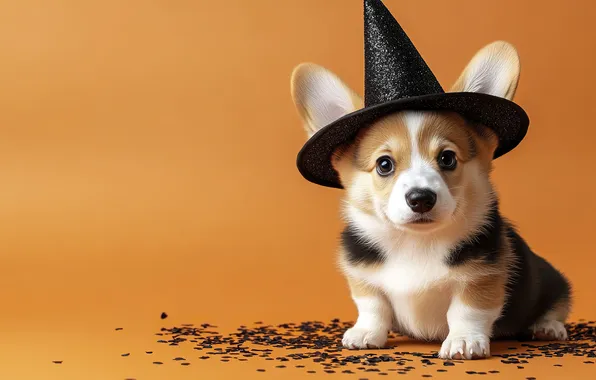 Autumn, dog, hat, puppy, Halloween, Halloween, orange background, cap