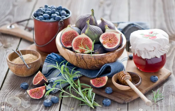 Berries, still life, honey, blueberries, figs, figs