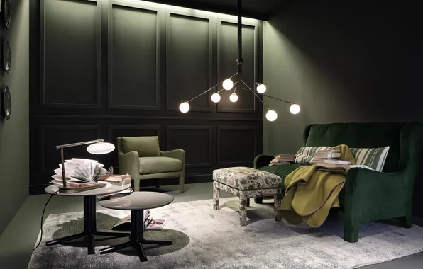 Design, style, room, books, chair, sofa, living room, green color in the interior