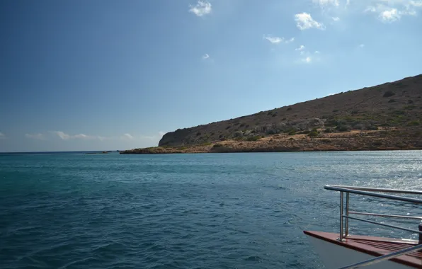 Sea, the sky, clouds, rocks, boat, turquoise