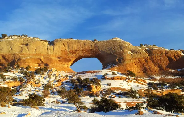 Picture the sky, snow, rock, arch